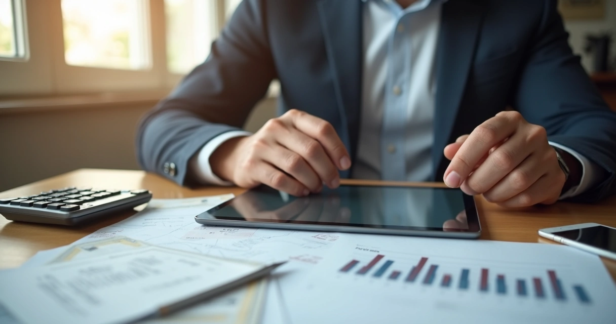 Homem analisando orçamento com tablet na mesa 