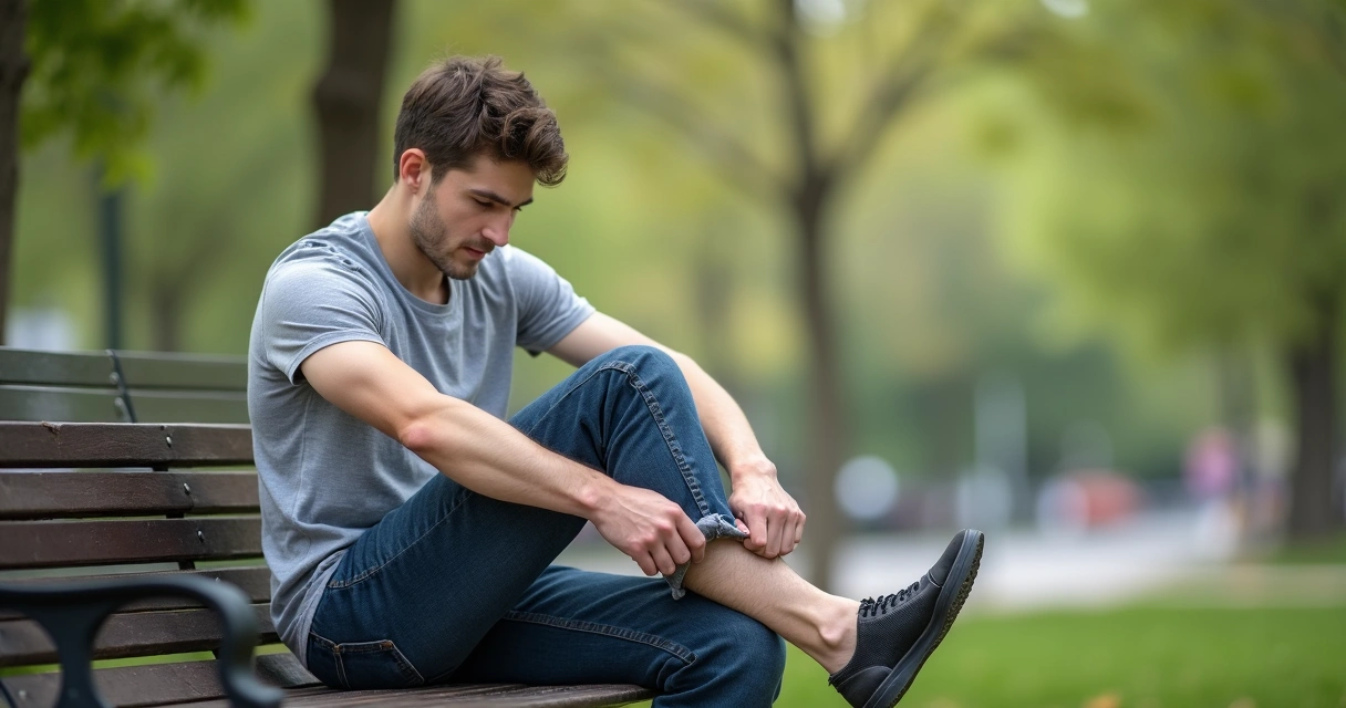Homem sentado no banco observando veias salientes na perna 