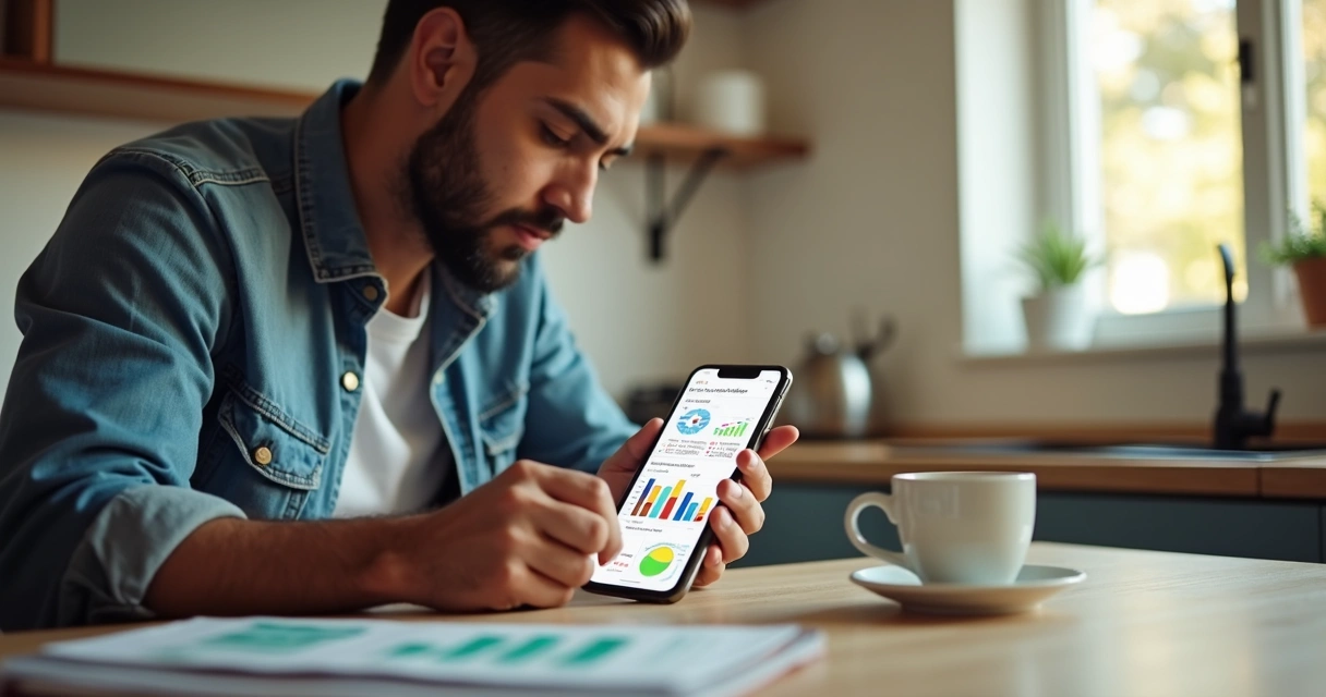 Homem olhando para tela de celular com gráficos financeiros