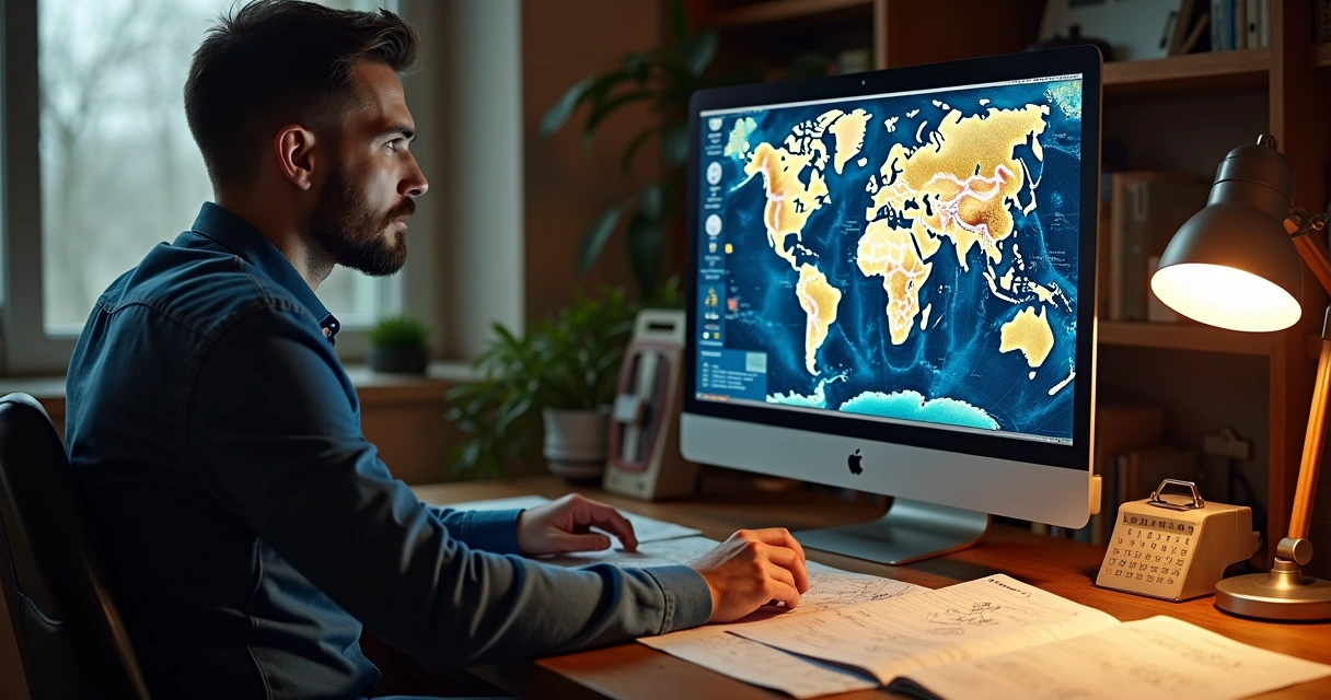 Homem analisando mapas de astrocartografia em computador e papel 