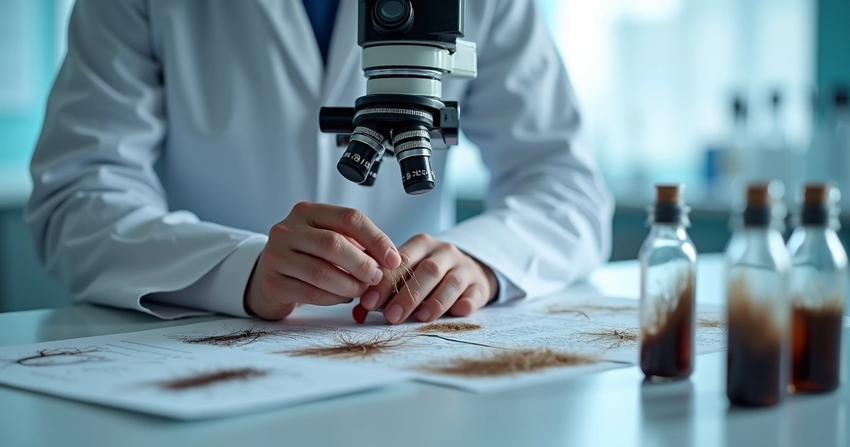 Profissional analisando fios capilares em laboratório