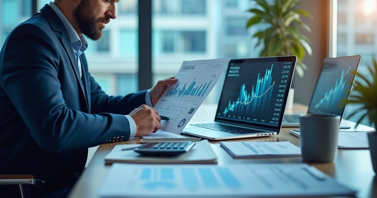Homem analisando gráficos financeiros em tela digital transparente, com documentos e calculadora sobre mesa moderna 