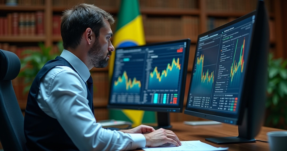 Homem analisando gráficos e decisões judiciais no computador 