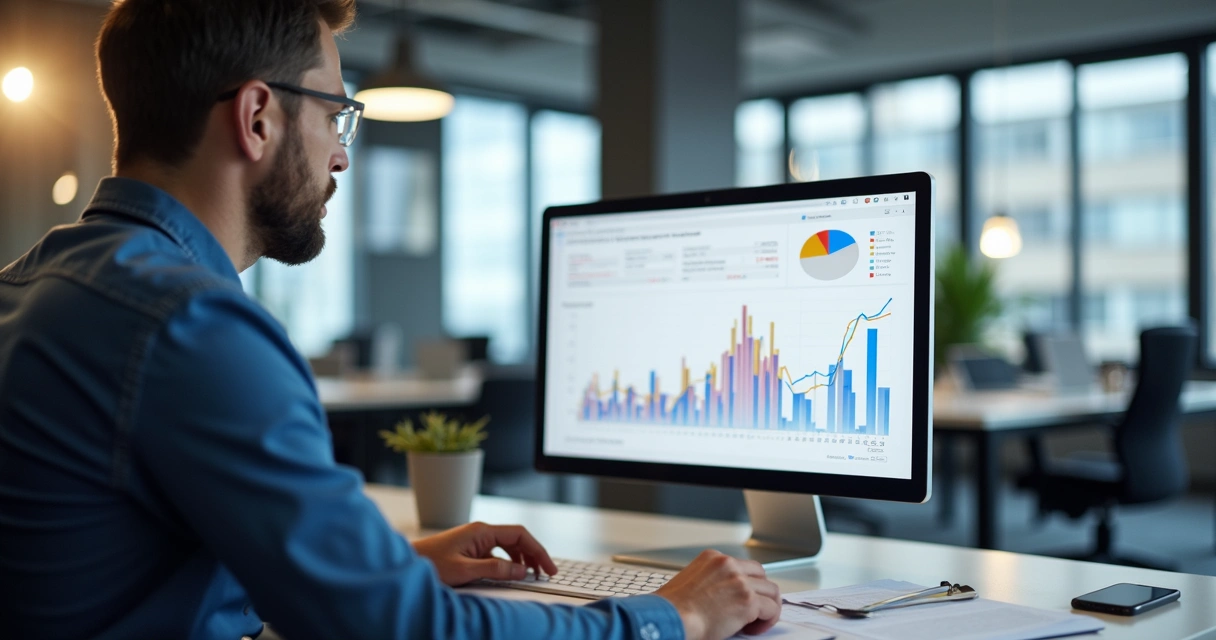 Profissional analisando gráficos e dados de campanhas no computador 