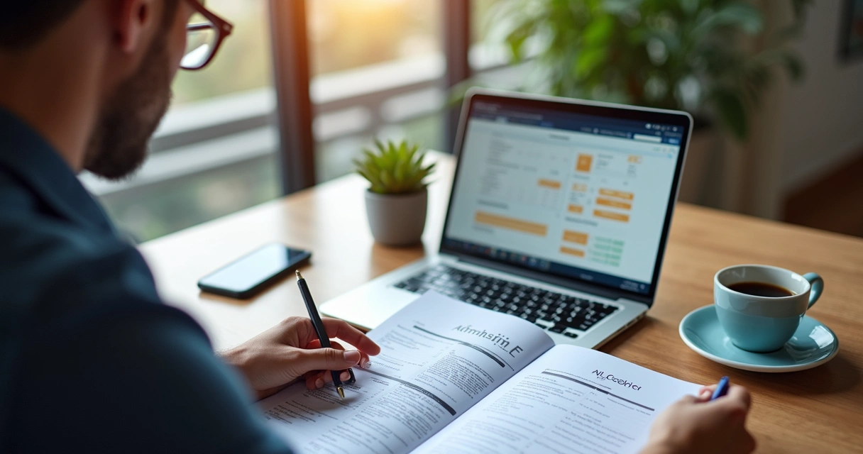 Pessoa analisando edital de leilão com documentos e laptop em mesa clara 