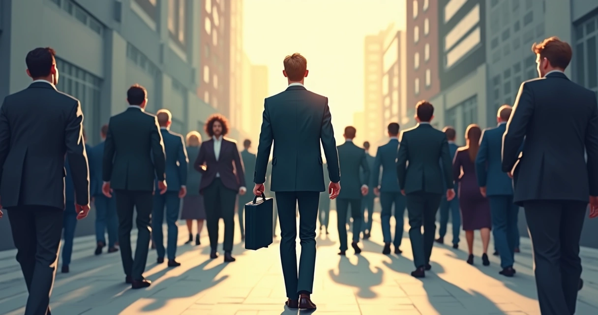 Homem andando no meio de multidão vestida igual 