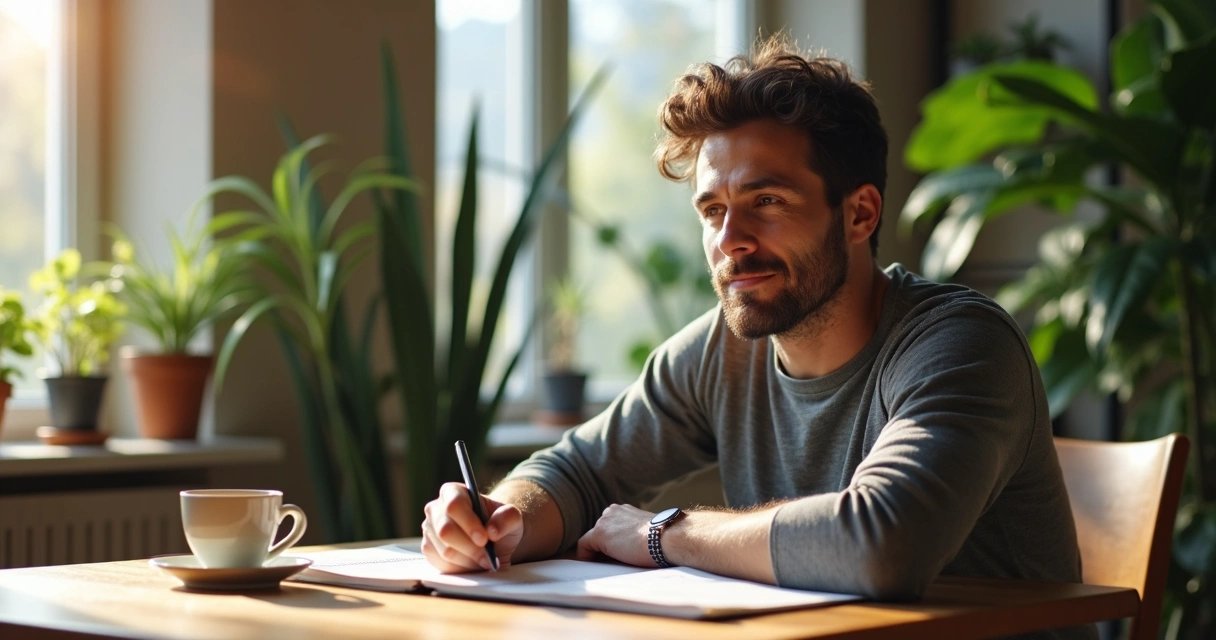 Homem sentado, anotando emoções em caderno, com caneta e expressão concentrada.