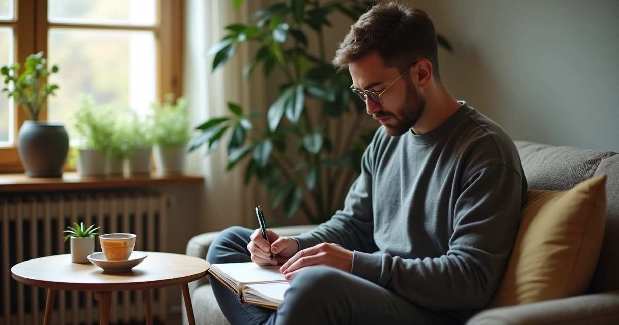 Homem anotando impressões depois de meditar, sentado em ambiente confortável 