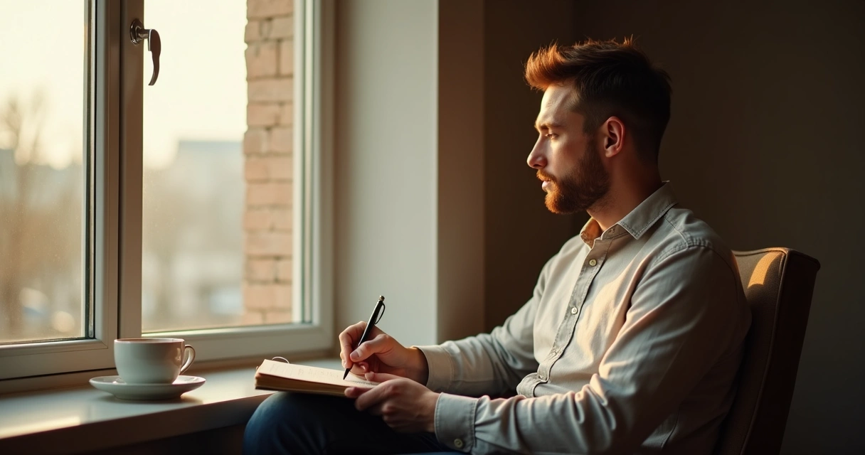 Homem escrevendo em um caderno pequeno sentado próximo à janela