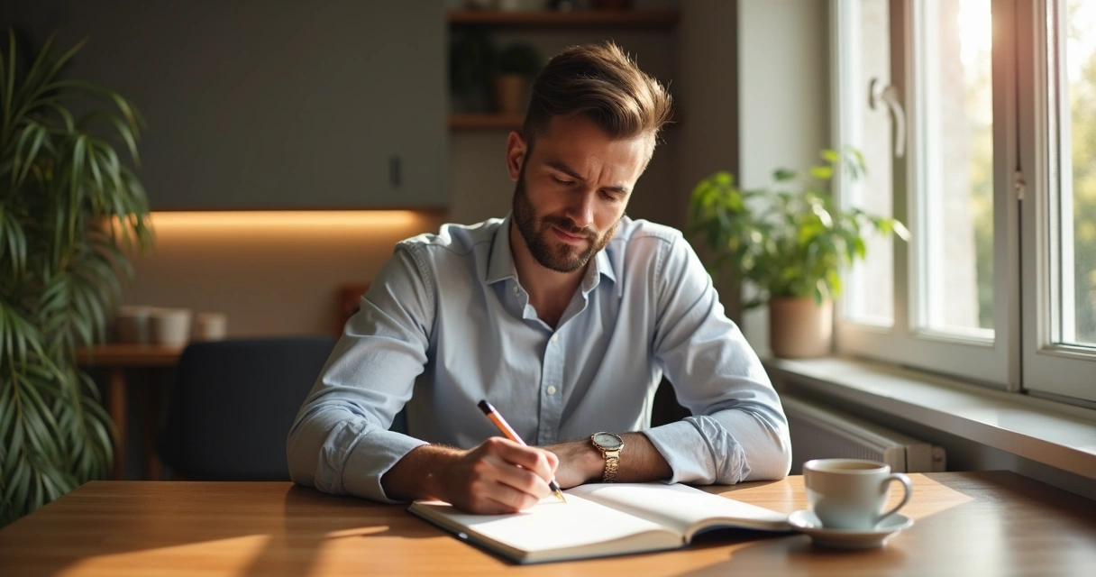 Homem sentado em mesa escrevendo em caderno 