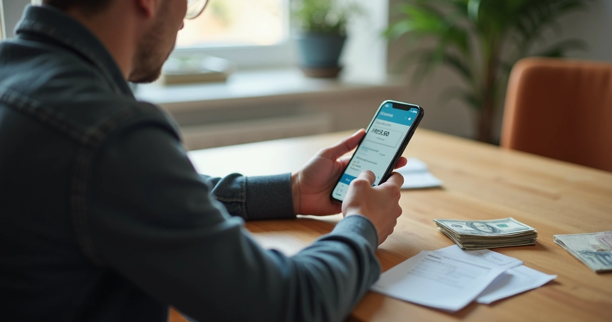 Homem sentado anotando despesas pelo celular, ao lado de uma mesa com contas empilhadas