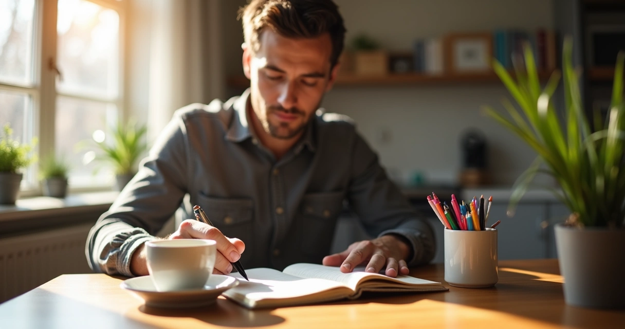 Homem escrevendo em caderno ao lado de uma xícara 