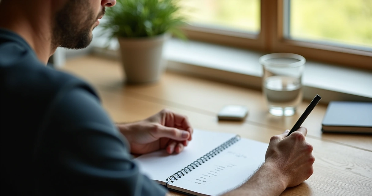 Homem escrevendo micro-hábitos em um caderno 