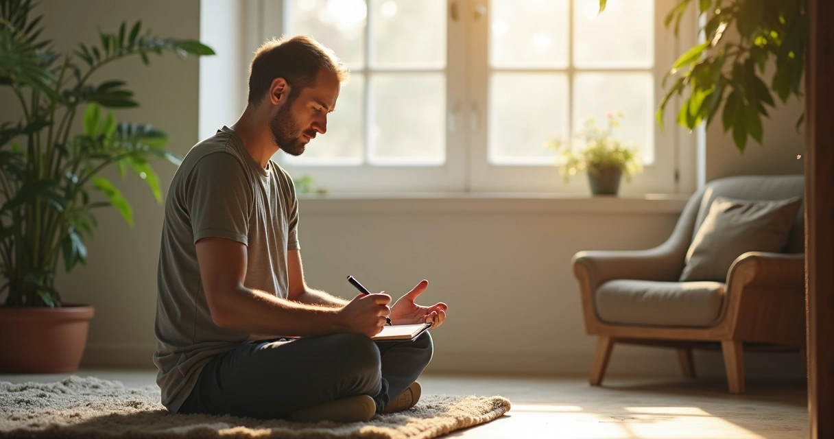 Homem escrevendo em bloco de notas após meditar, sentado em ambiente tranquilo