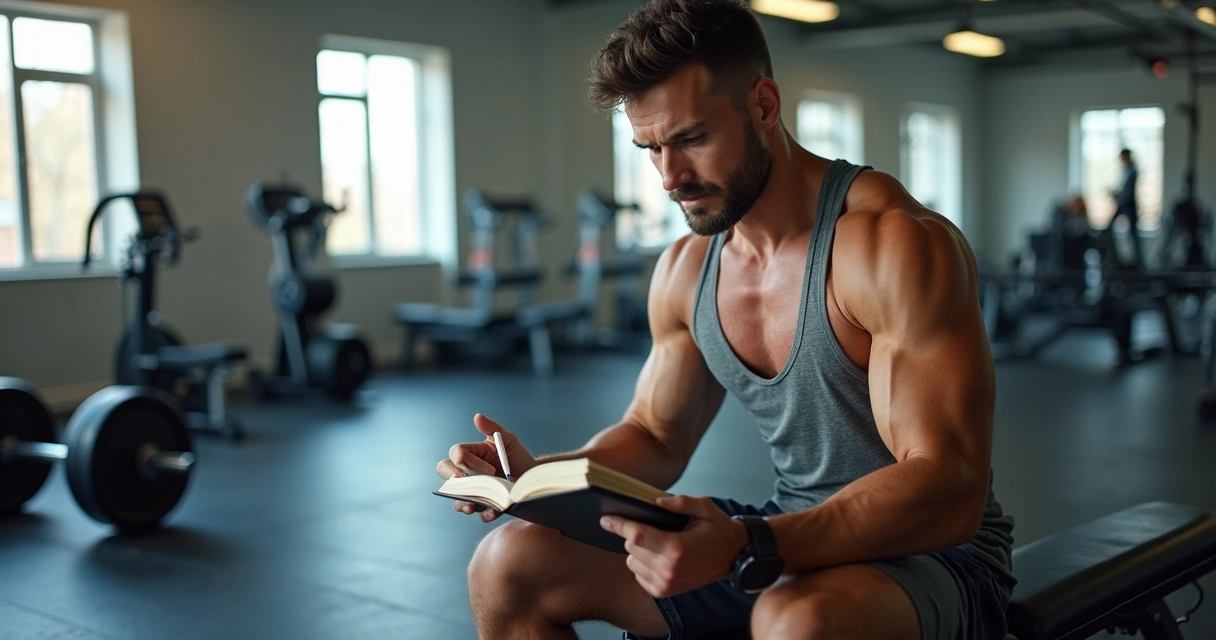 Homem conferindo progresso em diário de treino na academia. 