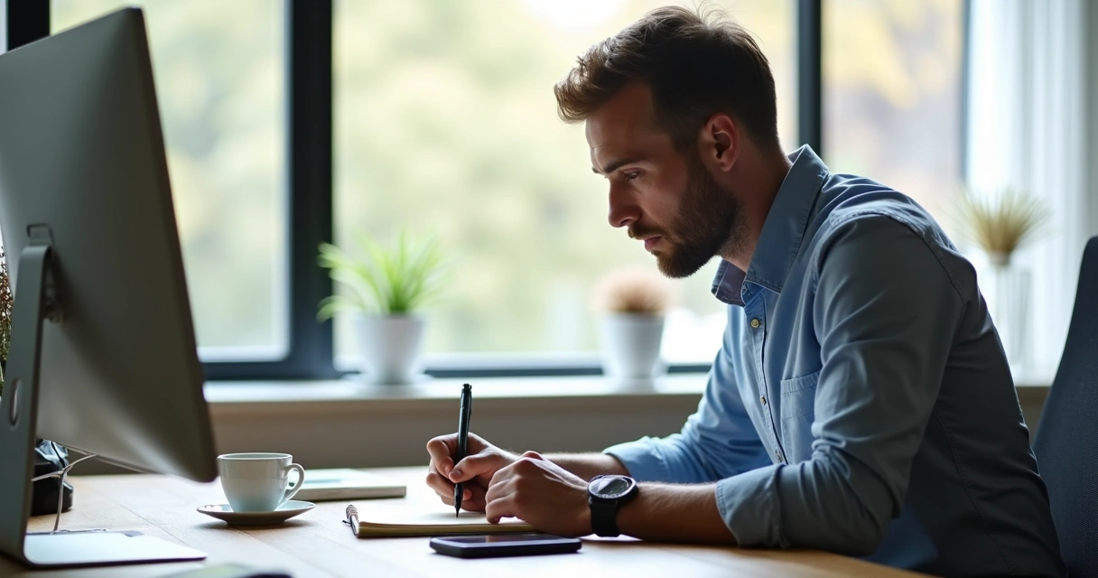 Homem sentado à mesa anotando tarefas em bloco de notas