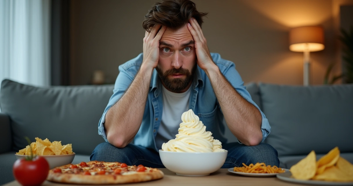 Homem sentado no sofá olhando preocupado para um pote de sorvete, com vários alimentos calóricos ao redor em uma sala com luz suave. 