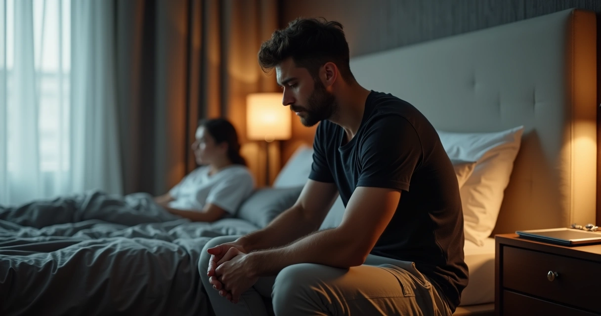 Homem sentado na beira da cama com expressão de preocupação e ansiedade de desempenho sexual 