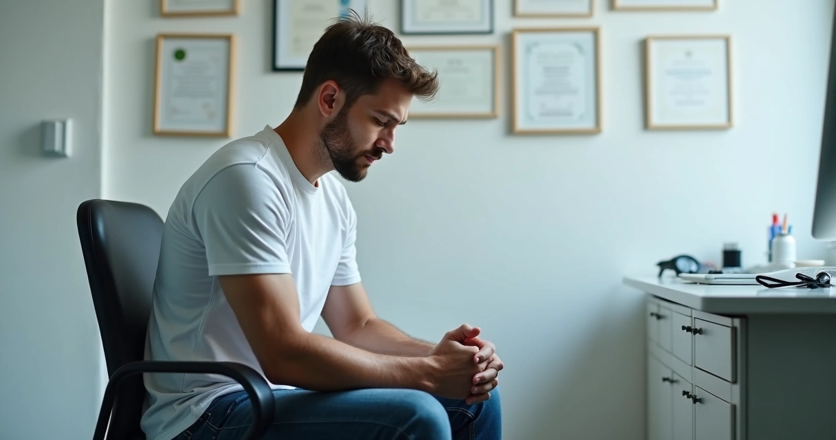 Homem ansioso sentado em consultório médico, olhando para o chão 