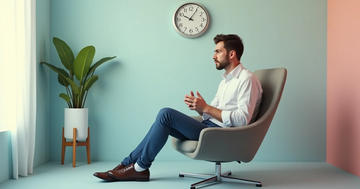 Homem sentado olhando para o relógio, aparentando ansiedade enquanto espera. 