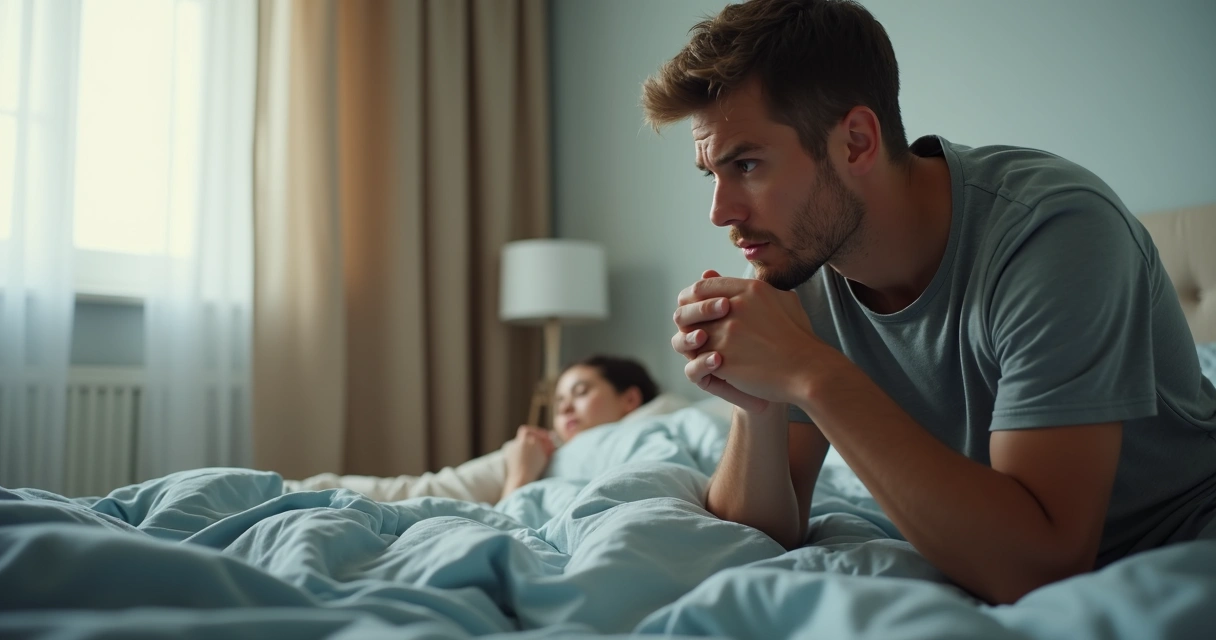 Homem sentado na cama, pensativo, olhando para baixo