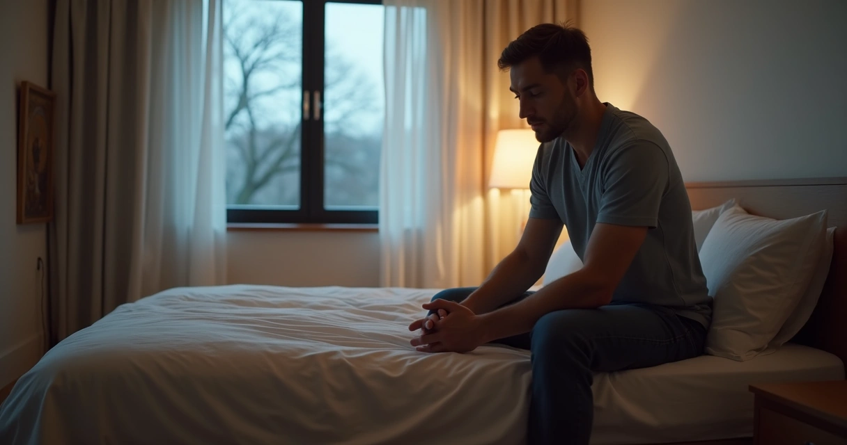 Homem sentado na beira da cama olhando para o chão, mãos entrelaçadas, atmosfera de preocupação 