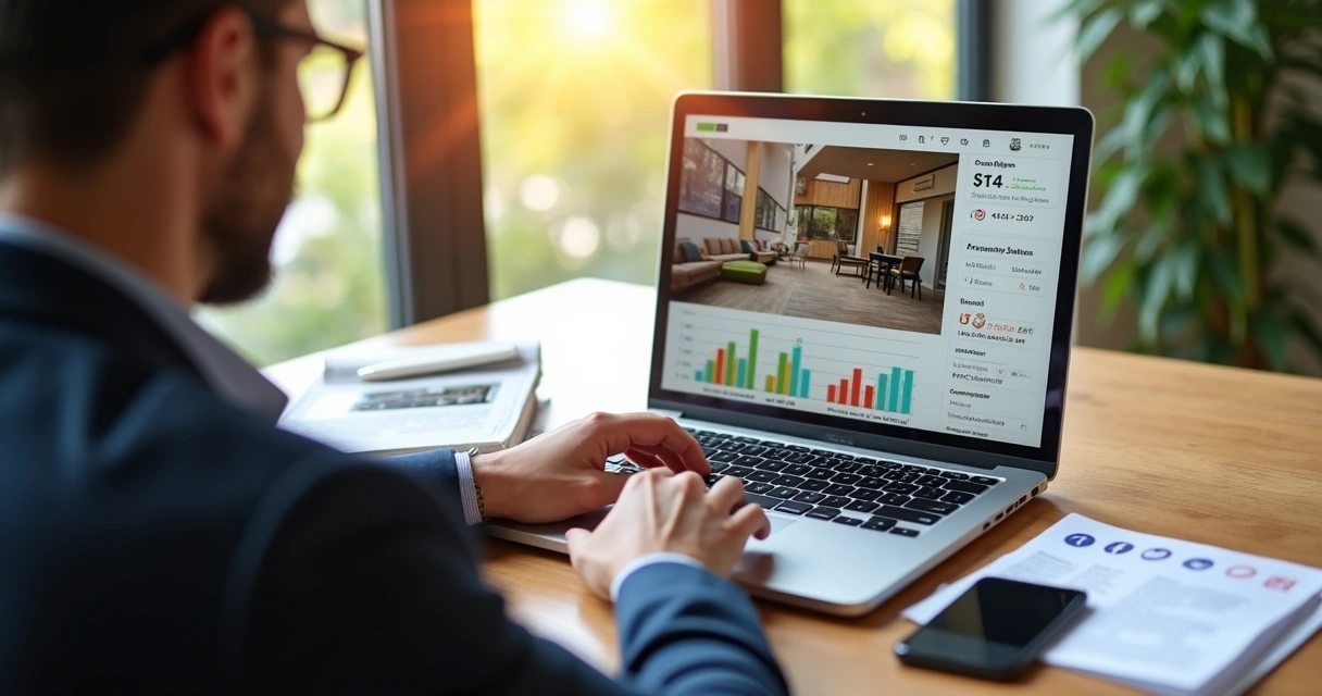 Homem usando computador para anunciar imóvel digitalmente 