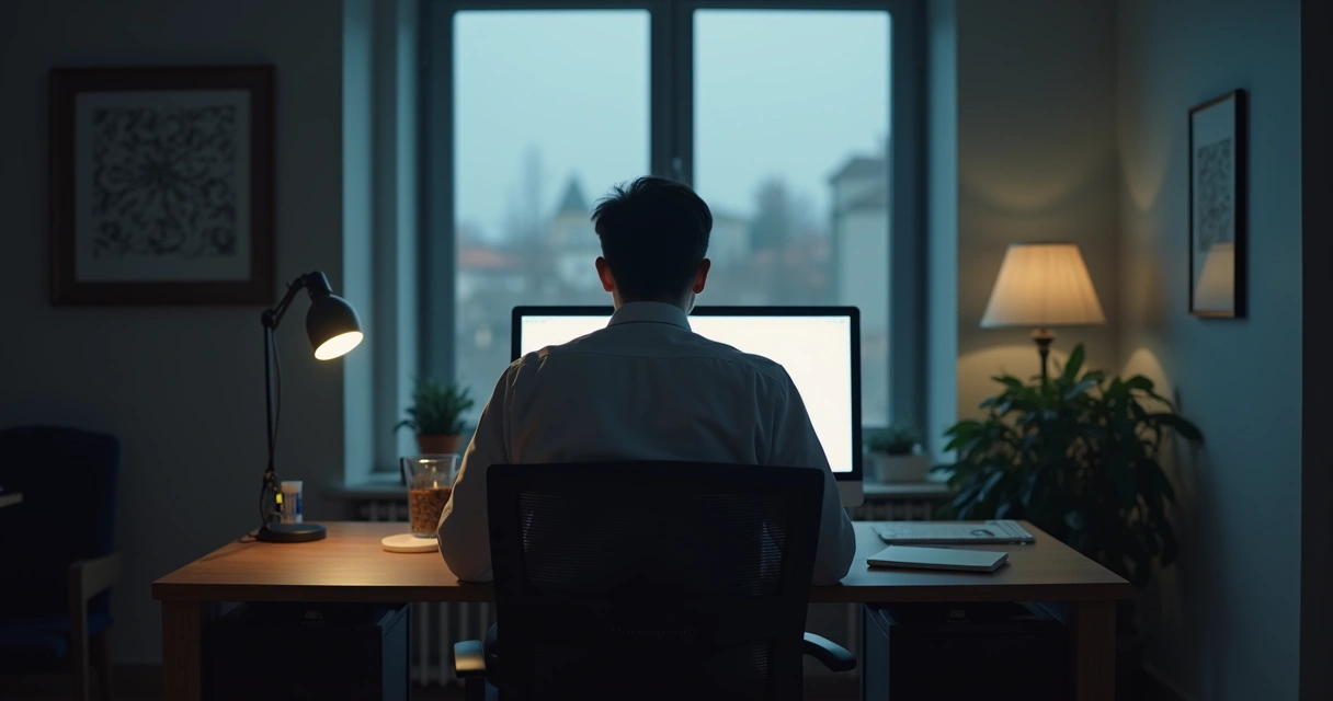 Homem apático olhando para o computador em escritório vazio 