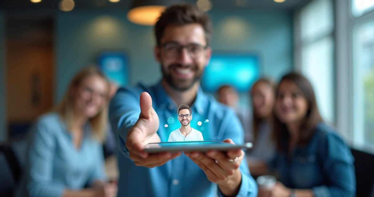 Pessoa cumprimenta através do tablet, sensação confiança 