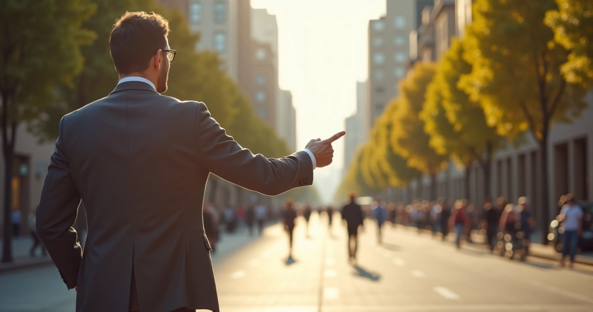 Homem em ambiente urbano apontando para um caminho aberto e diferente 