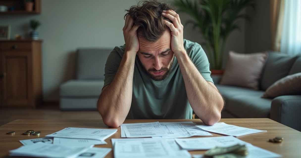 Homem olhando preocupado para contas e dinheiro na mesa 