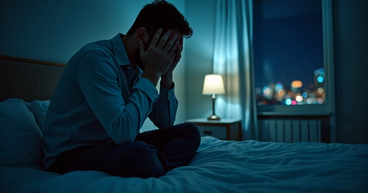 Homem sentado na cama de madrugada, expressão apreensiva 