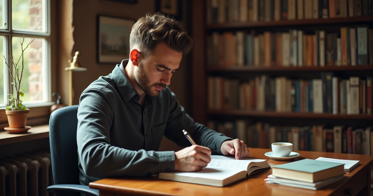 Homem sentado à mesa, escrevendo em caderno, expressão concentrada