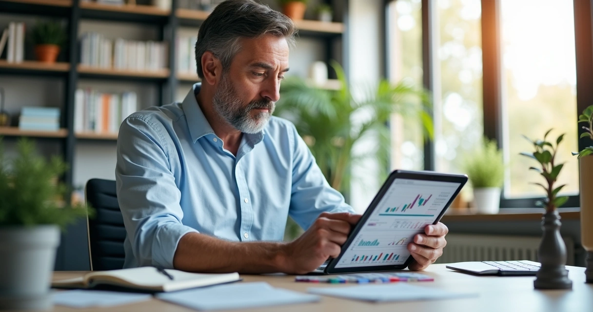 Homem lendo informações de investimentos em tablet no escritório 