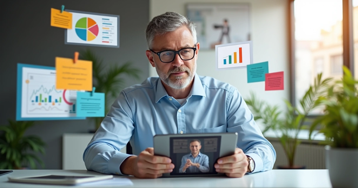 Homem assistindo a um vídeo curto em tablet, rodeado por anotações digitais e gráficos coloridos