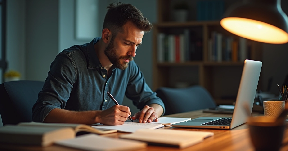 Homem estudando em uma mesa, cercado de livros e anotações.