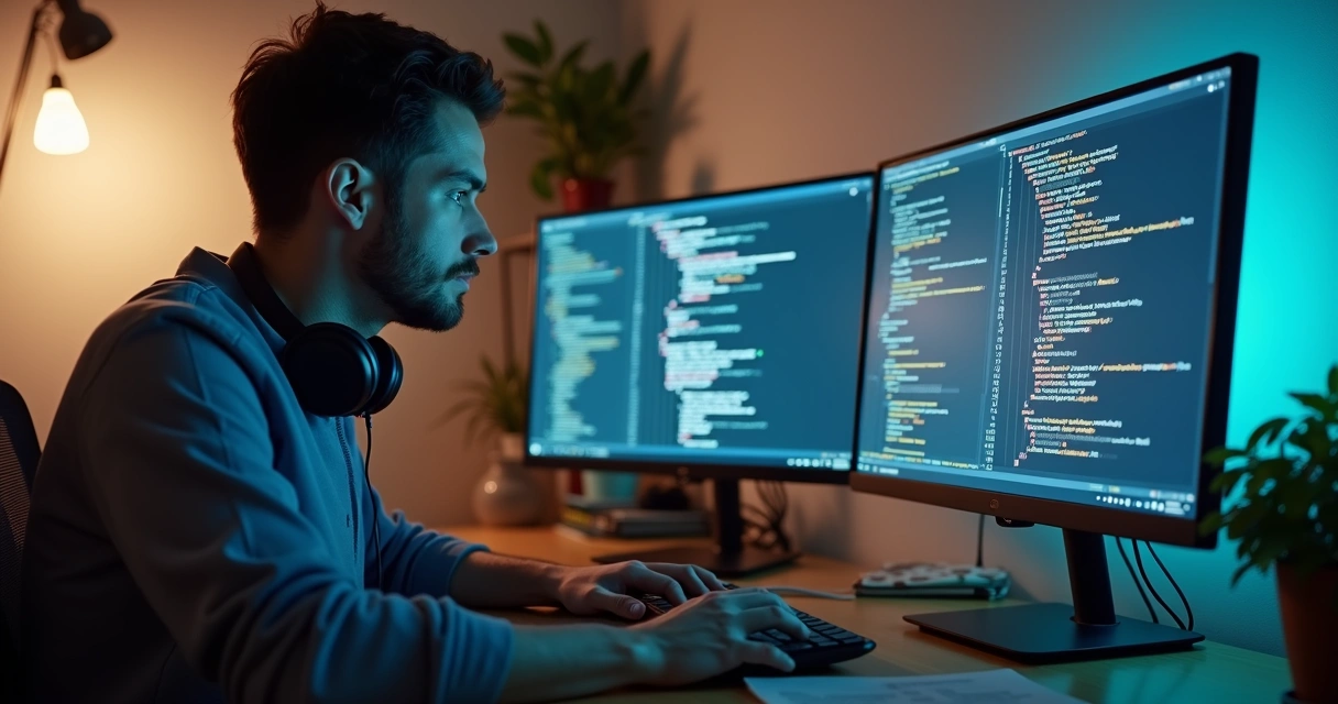 Homem estudando programação no computador, código na tela e fones de ouvido 
