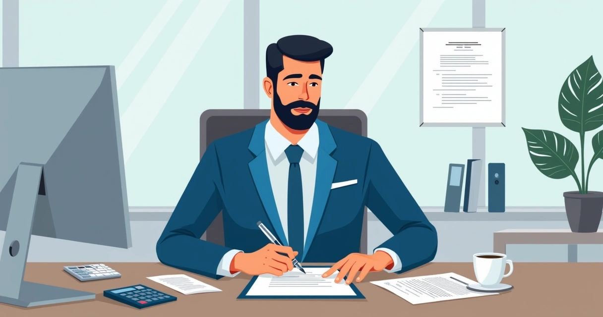 Homem assinando apólice de seguro sentado em mesa moderna 