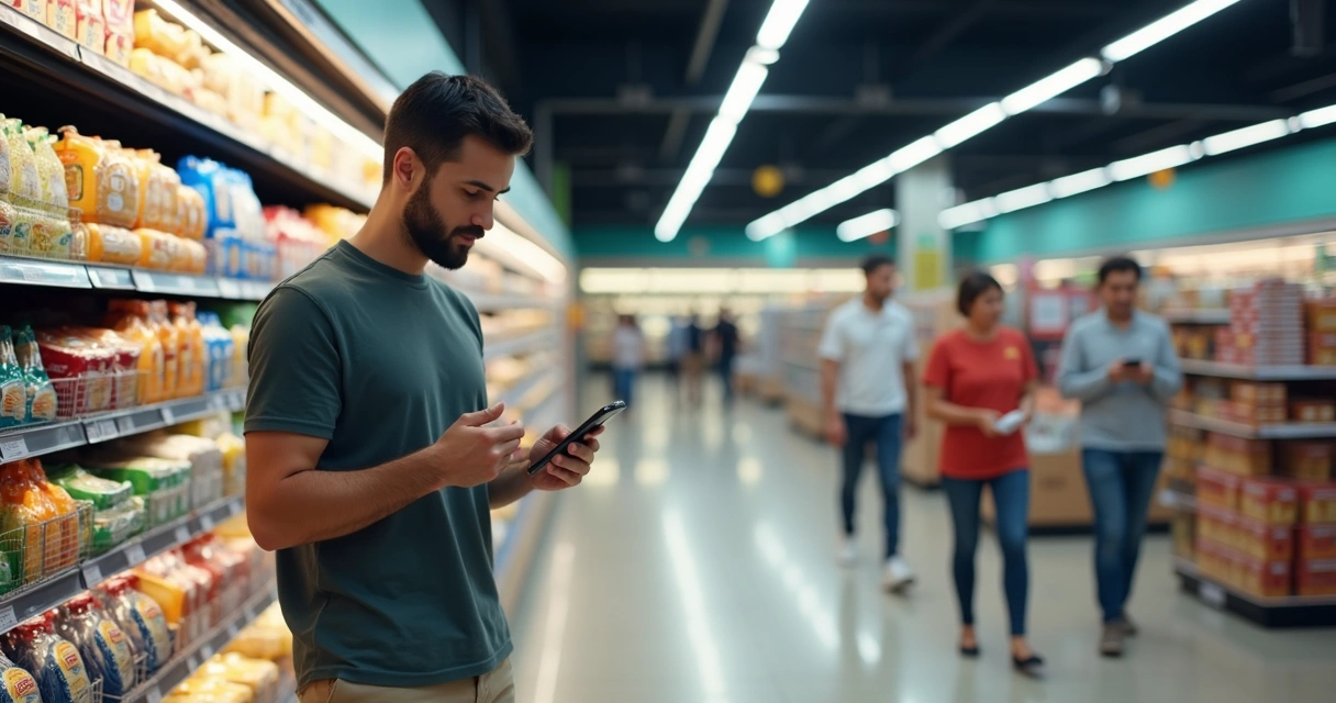 Homem observa produtos cuidadosamente em uma prateleira de supermercado 