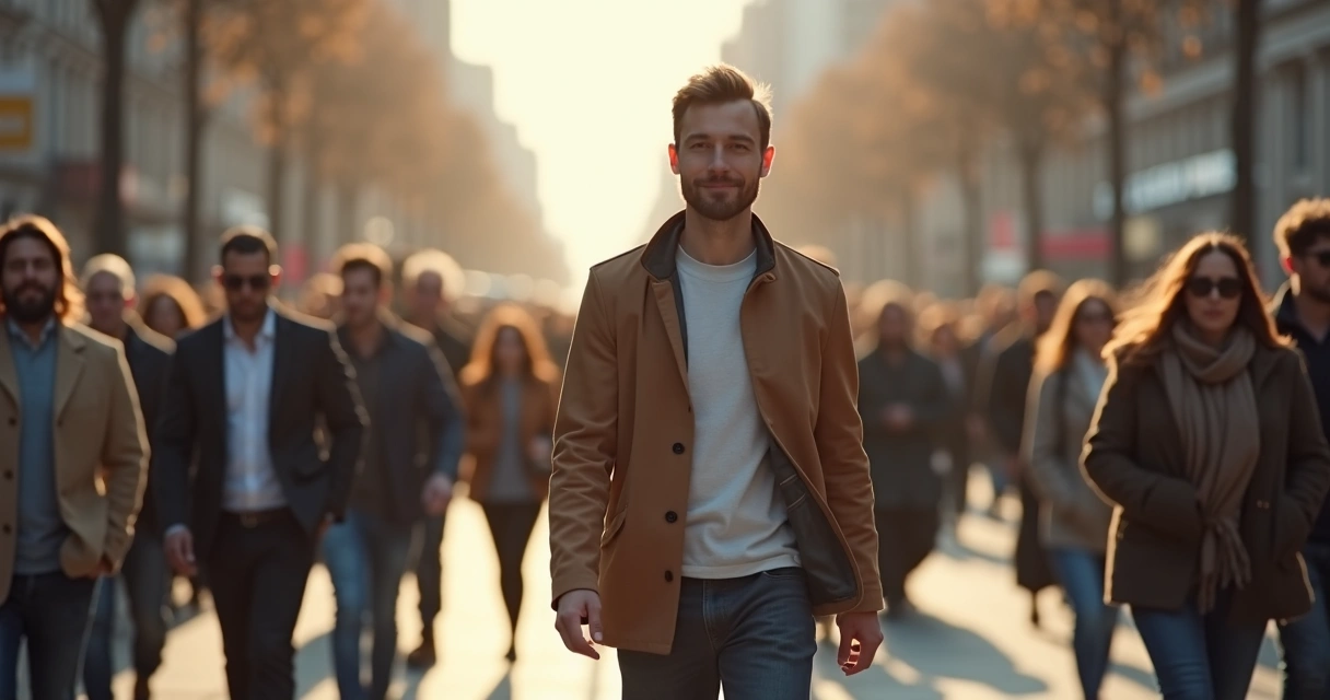 Homem andando de cabeça erguida em meio à multidão.