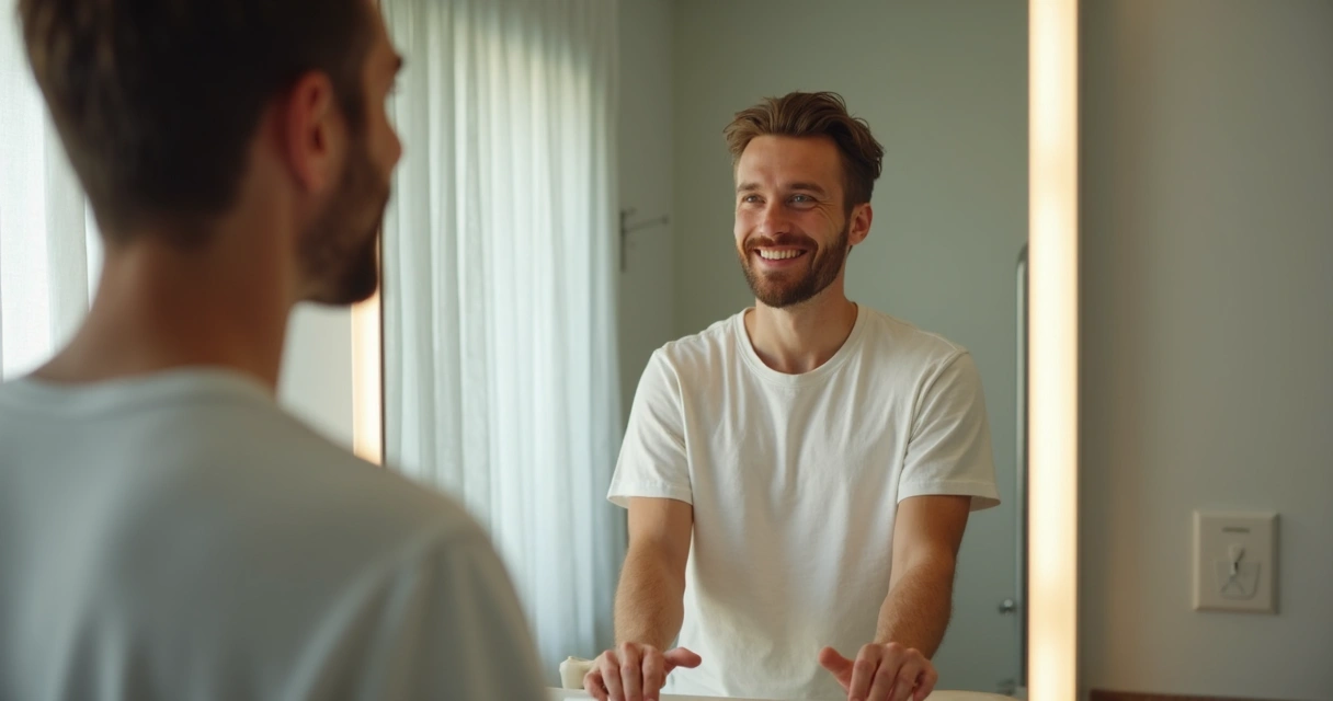 Homem olhando para si no espelho com expressão de aceitação 