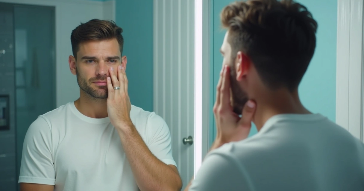 Homem se olhando no espelho, expressão tranquila 