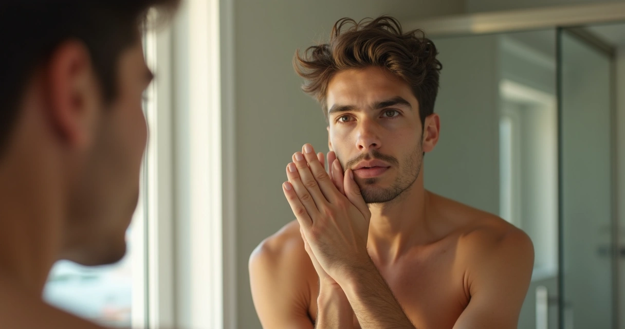 Homem jovem olhando no espelho tocando o próprio rosto, gesto de autocuidado. 