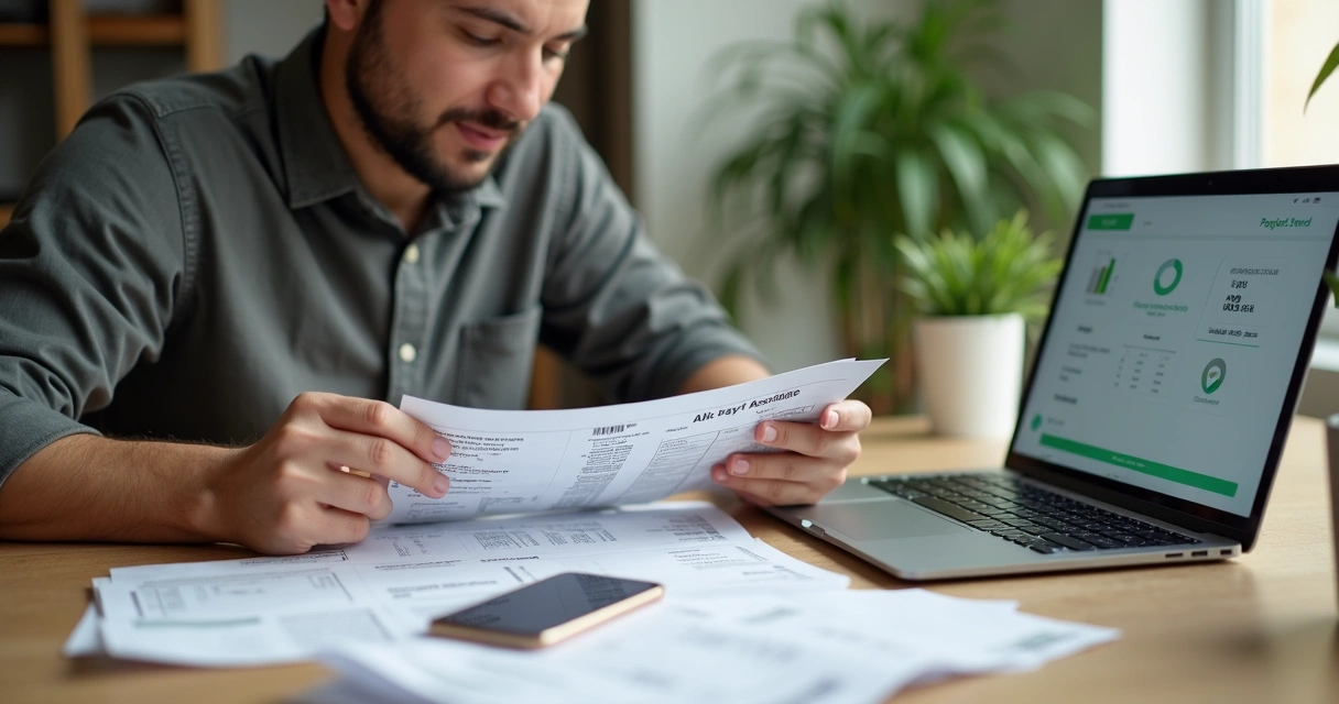 Homem autônomo analisa extrato bancário em mesa com notebook e recibos 