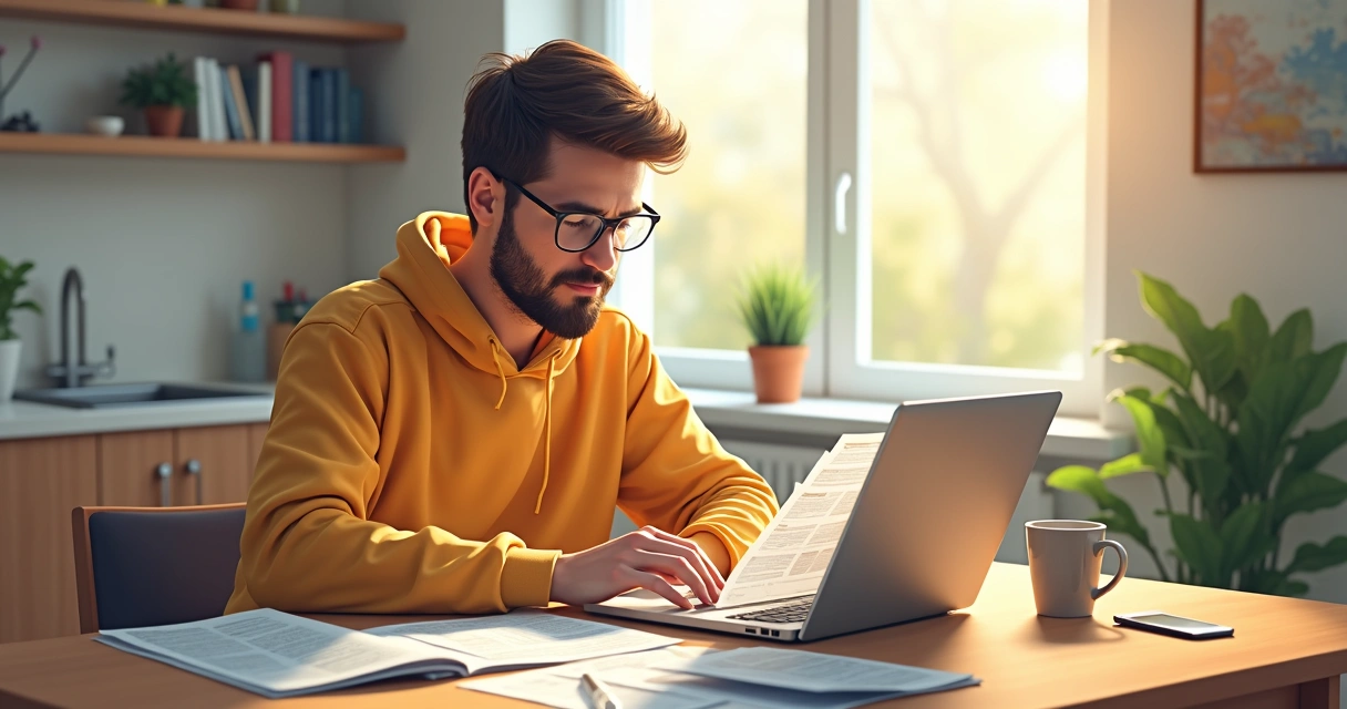 Homem autônomo trabalhando em casa, analisando planilhas 