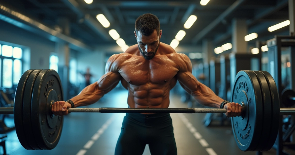 Homem realizando levantamento de peso com carga alta em academia 