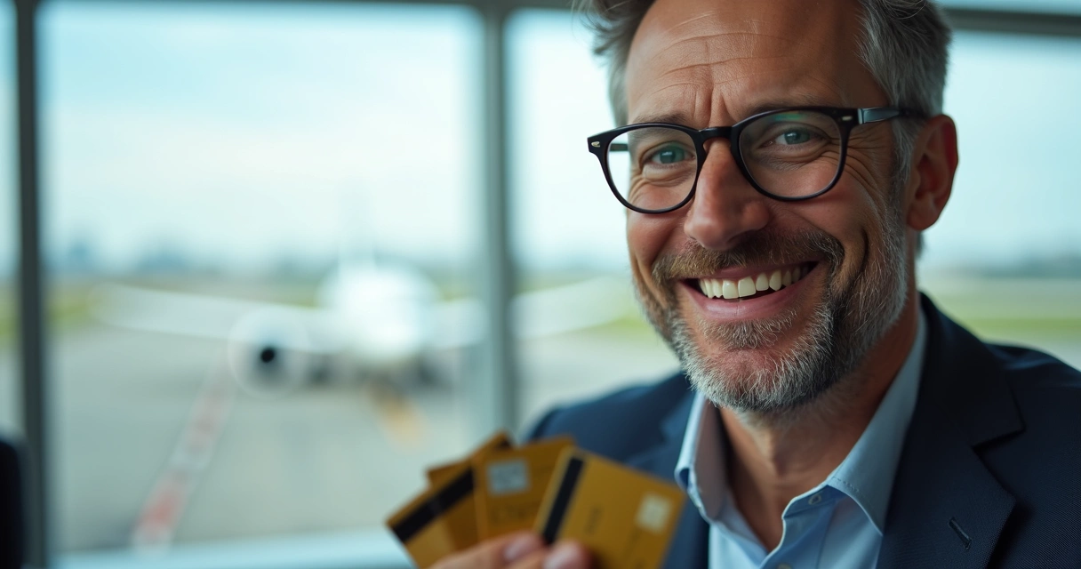 Homem sorrindo com cartões e aviões ao fundo 