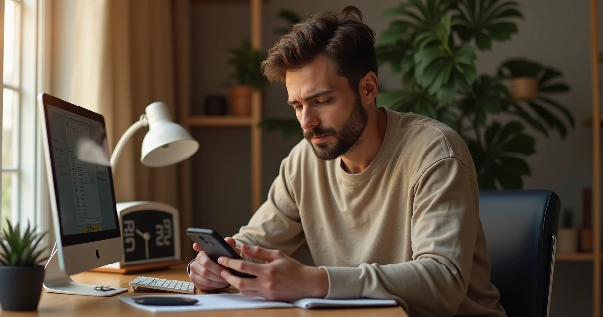 Homem olhando para o smartphone com cautela ao fazer transferência bancária