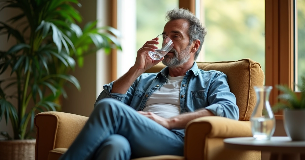 Homem adulto bebendo água sentado em uma poltrona 