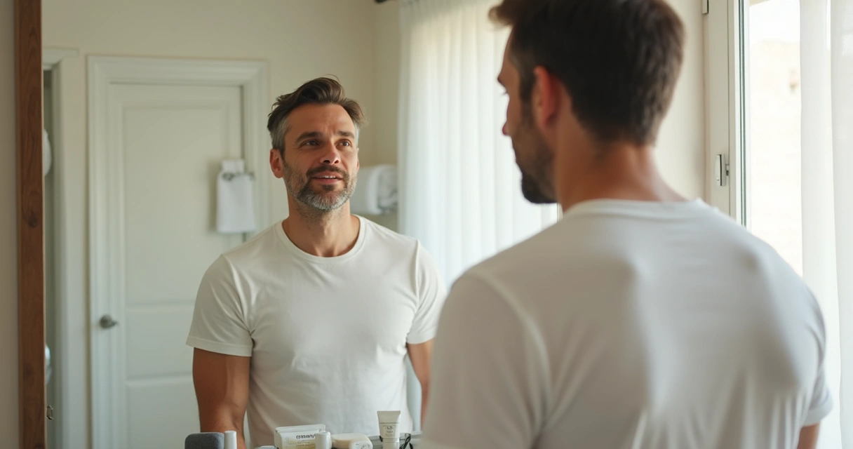 Homem adulto observando bem-estar no espelho 